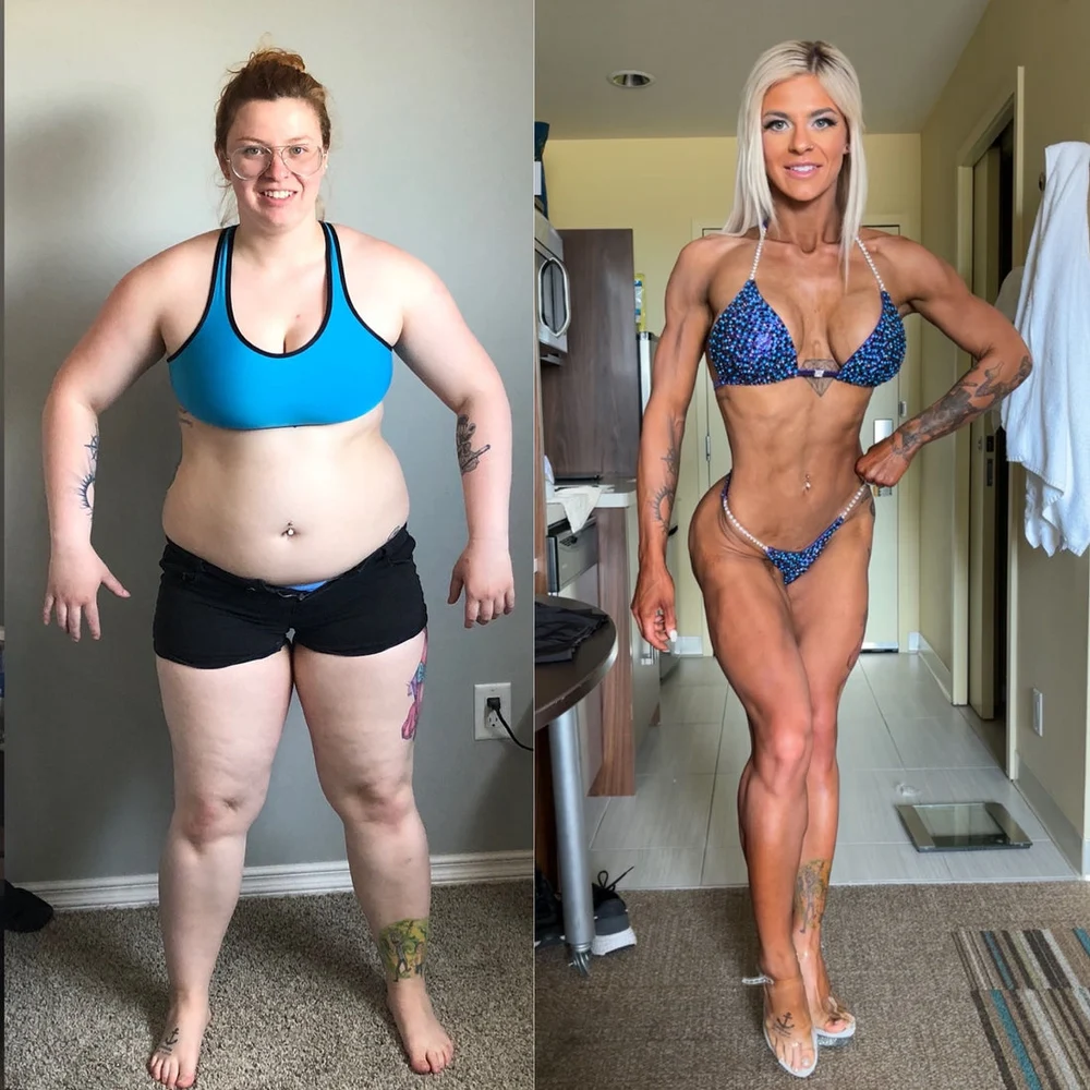 Published female physique transformation showing earlier and later progress