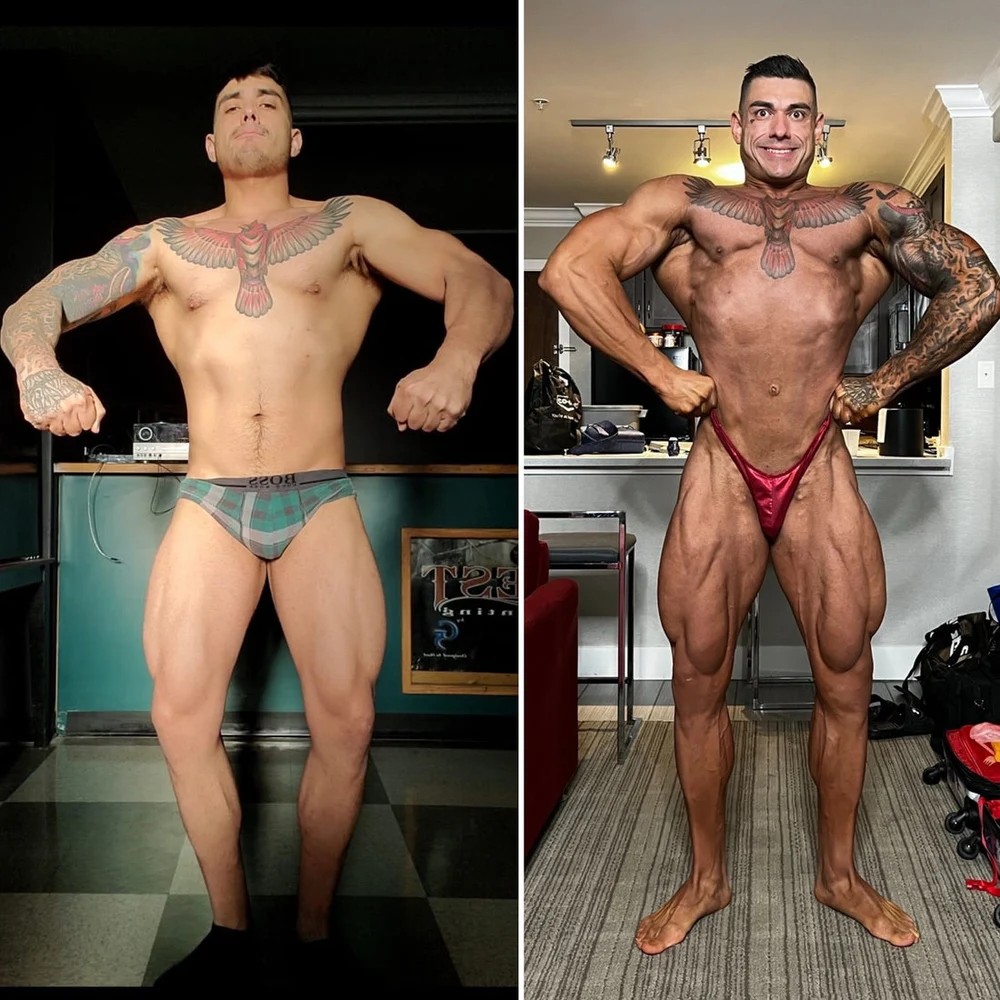 Published male bodybuilding transformation with two progress photographs