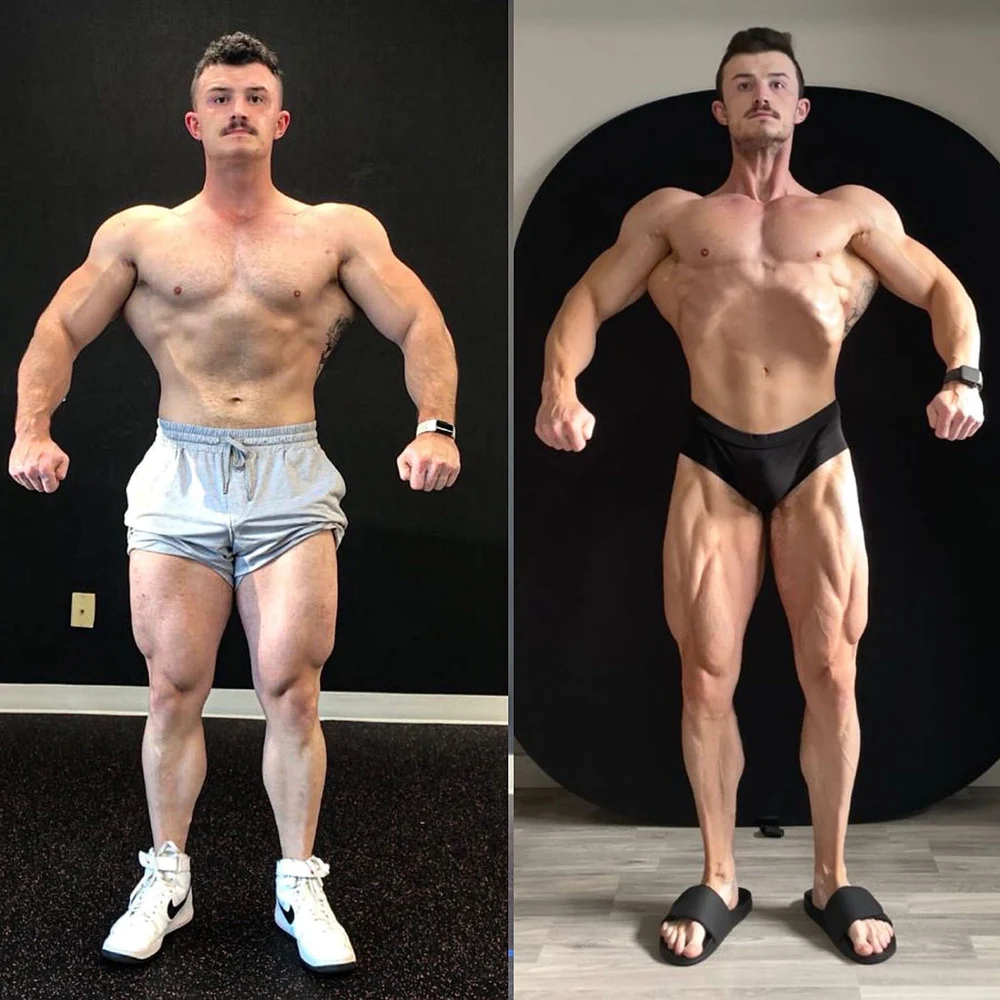 Published male physique transformation showing earlier and later progress